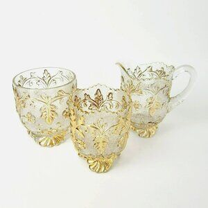 Antique EAPG Beaumont Glass No. 99 Flora Spooner, Creamer, Sugar Bowl Gold Clear